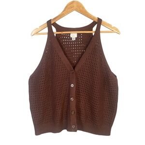 Boho Sweater Vest  Brown Open Knit Button Up Women XL Cottage Earthy Minimalist